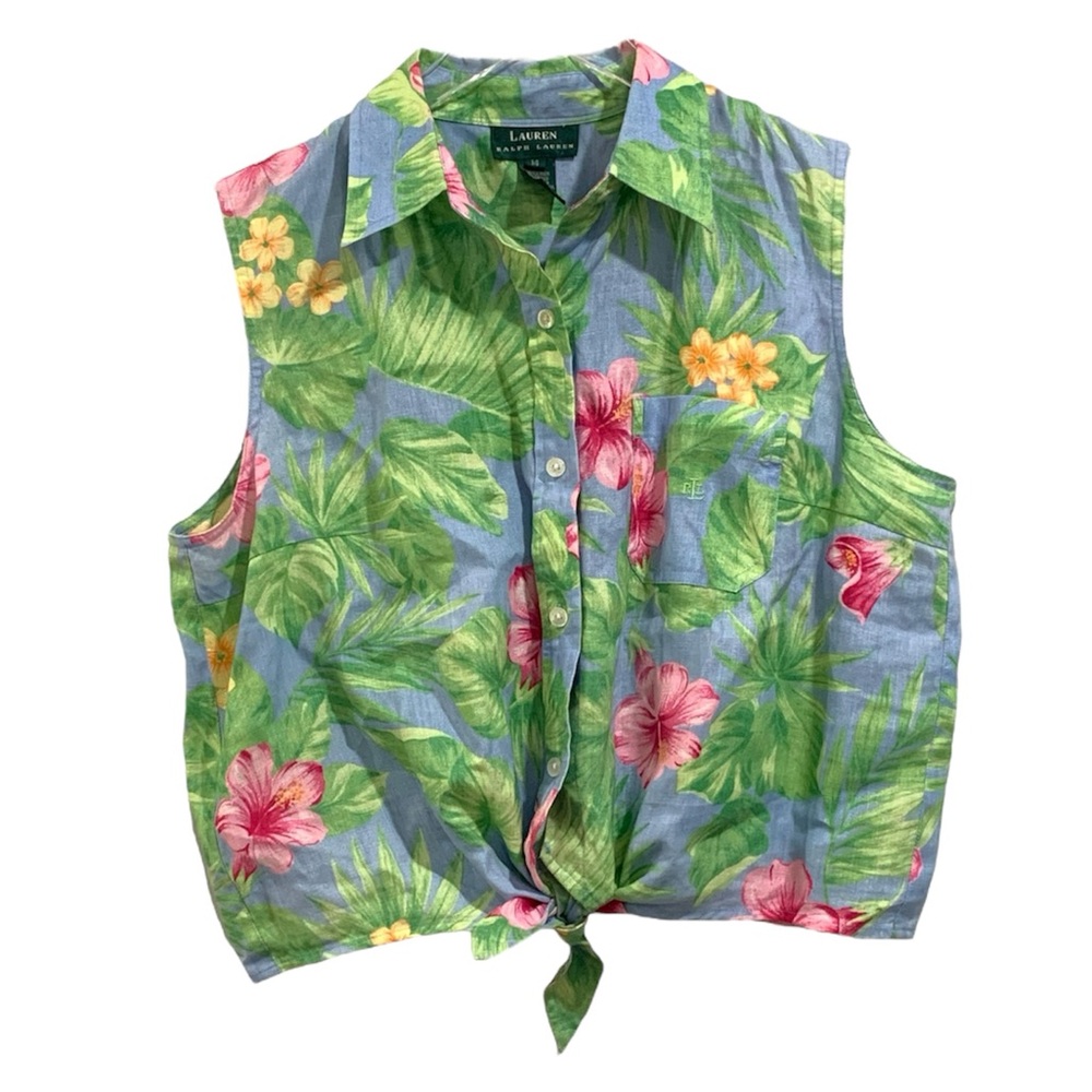 LAUREN Ralph Lauren Linen Floral Sleeveless Tie-Front Top Size 14✨